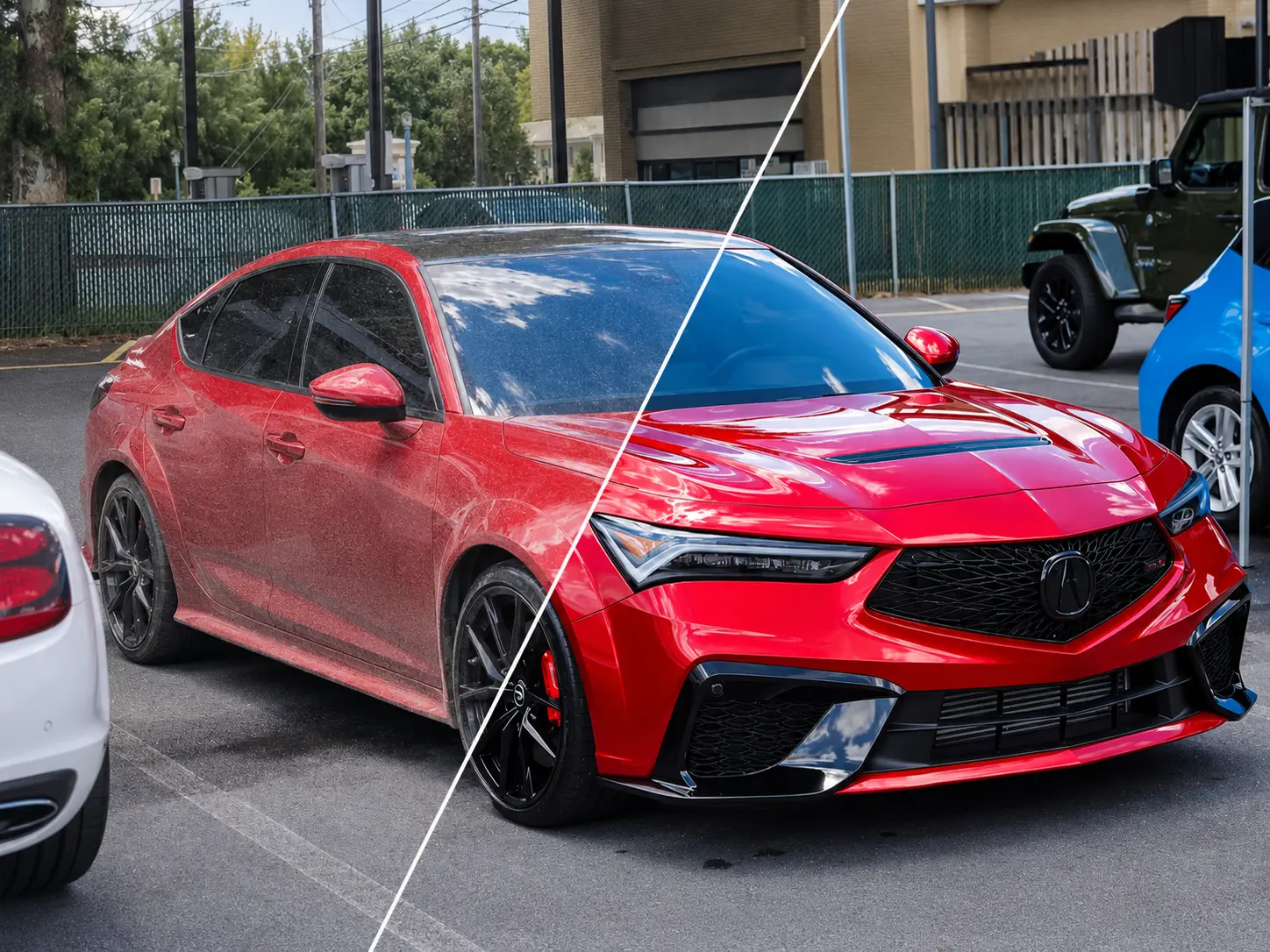 Exterior detail before and after comparison on red sedan